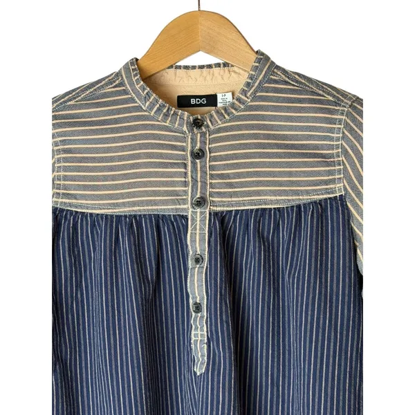 BDG Shirt Women Small Blue Mixed Stripe Band Collar Cotton Top Popover Preppy - Image 6