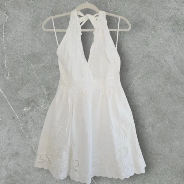 Zara NWT Cotton Eyelet Embroidered V-Neck Mini Halter Dress Lined Size M - Image 4