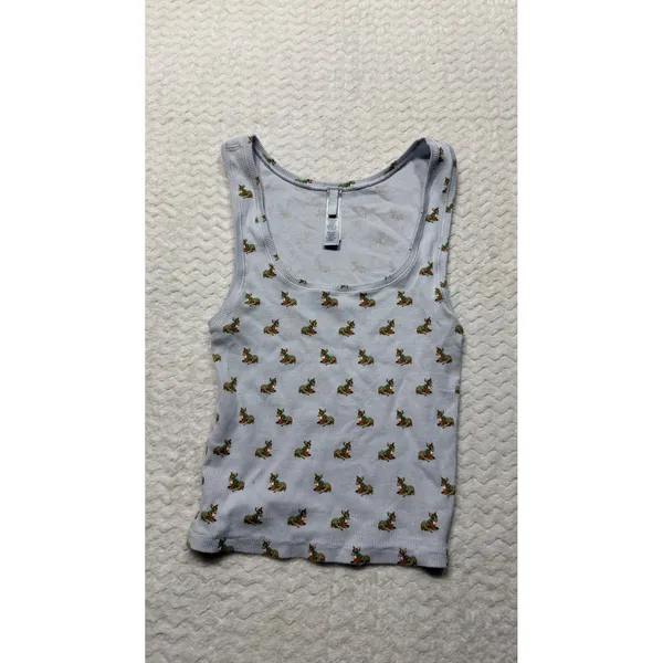 Skims Holiday Deer Ribbed Tank Top Light Blue Fawn Print Scoop Neck Womens M - Image 4