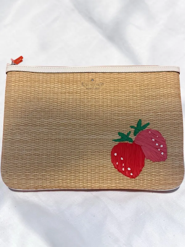 Kate Spade HAND MADE Straw Woven Pouch with Strawberry Embroidery. - Image 3