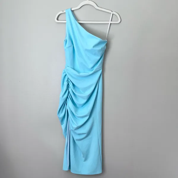 Katie May New Age One Shoulder Ruched Side Slit Midi Dress Sky Blue Small - Image 2