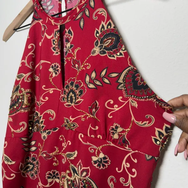 American Vintage VTG 90s Babydoll Whimsigoth Top XL Cherry Red Sequins Jacquard Asian Print Halte - Image 4
