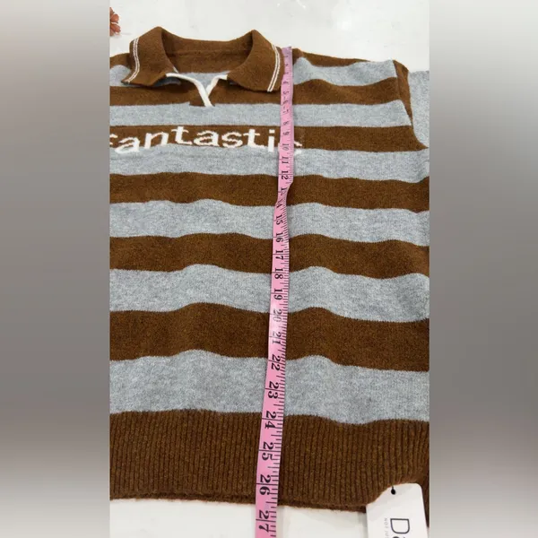 Fantastic Striped V-Neck Polo Sweater in Brown and Gray - Image 6