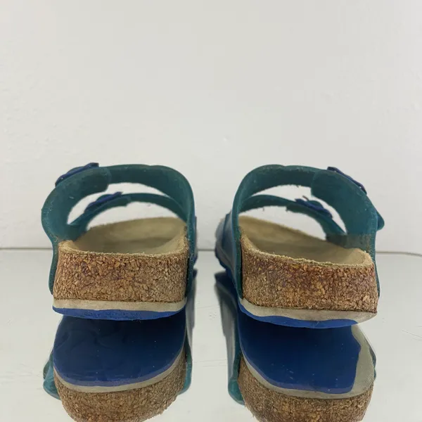 Birkenstock Two Tone Blue Leather Arizona Dual Strap Summer Slip On Sandals - Image 4