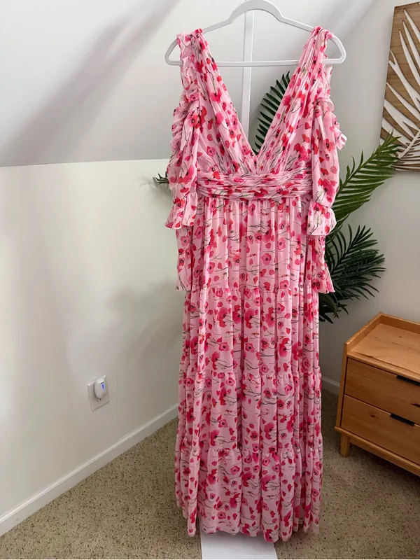 Mac Duggal Floral Ruffle Poppy Gown Women’s Pink Maxi Dress Flutter Formal 6 - Image 3
