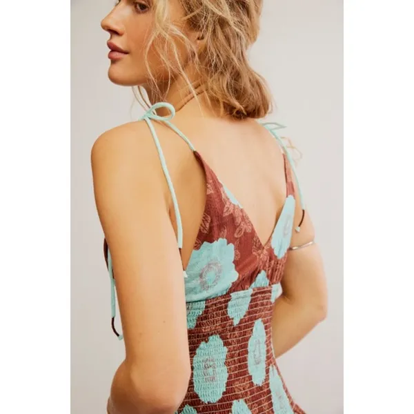 Free People Bohemian Beachy Hawaiian Adriel Midi Dress Brown Blue Floral Size XL - Image 5