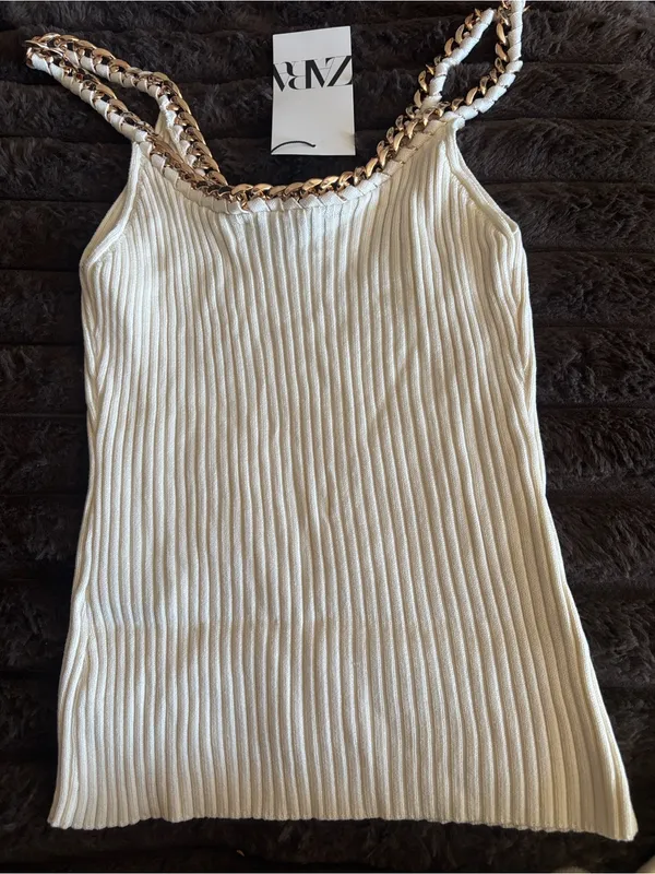 Zara Cream Ribbed Tank with Gold Chain-Trim Straps - Image 2