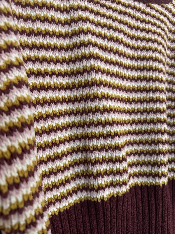 Pink Republic Striped V-Neck Sweater in Burgundy, Cream & Mustard cropped - Image 5