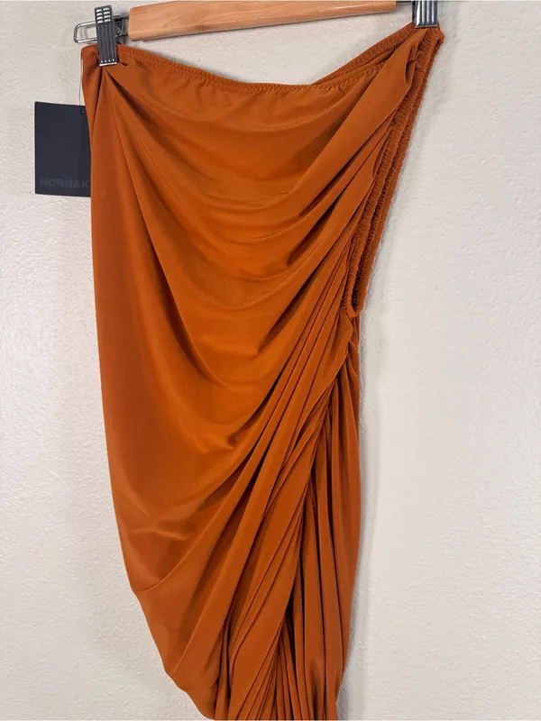 Norma Kamali Diana One Shoulder Ruched Gown Bronze Womens S Bodycon Midi Baddie - Image 4