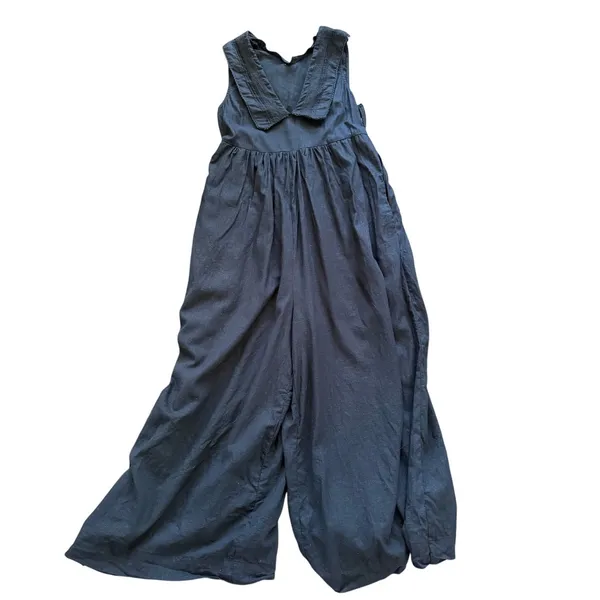 Free People Black Linen Blend Wide Leg Peter Pan Collar Jumpsuit Whimsygoth - Image 2