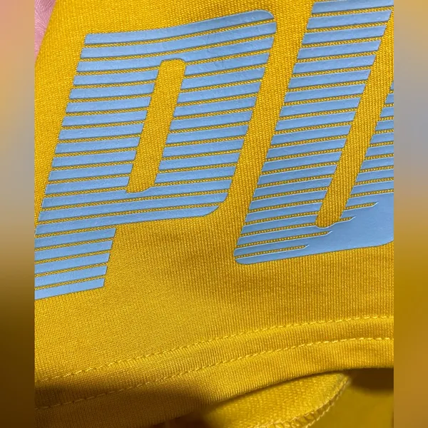 Puma Yellow Cropped Logo Tee with White & Baby Blue Branding NWOT Sz. US XL - Image 4