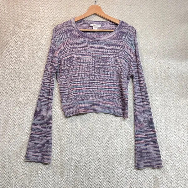 Sincerely Jules Purple‎ Space Dyed Long Bell Sleeve Cropped Preppy Knit Sweater - Image 6