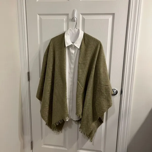 Neutral Knit Shawl/ Cape in Herringbone Pattern with Sage and Tan - Image 2