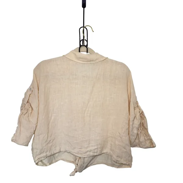 Purr Lino Cream Linen Tie Front Crop Shirt Lagenlook Quiet Luxury Utility Wear - Image 2