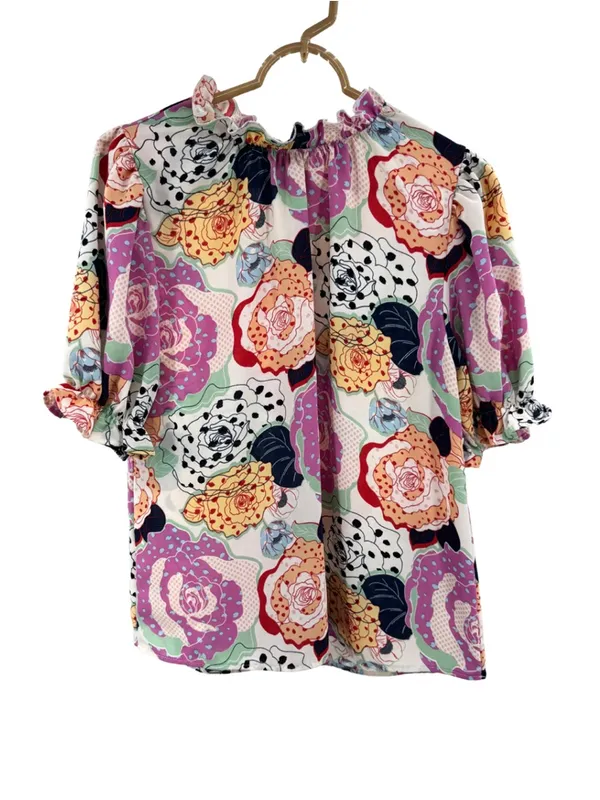 entro Floral Print Blouse S polka dots ruffle colorful boho casual office modest - Image 2