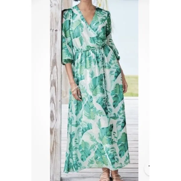 Soft Surroundings Kaia Maxi Dress Large Palm Print Flowy Faux Wrap Effortless - Image 2