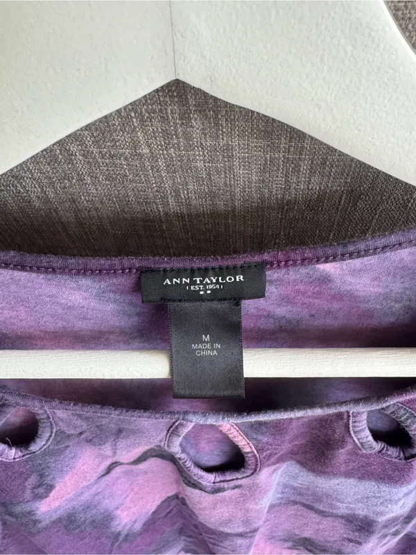 Ann Taylor Purple Tie-Dye Keyhole 3/4 Sleeve Top - Image 2