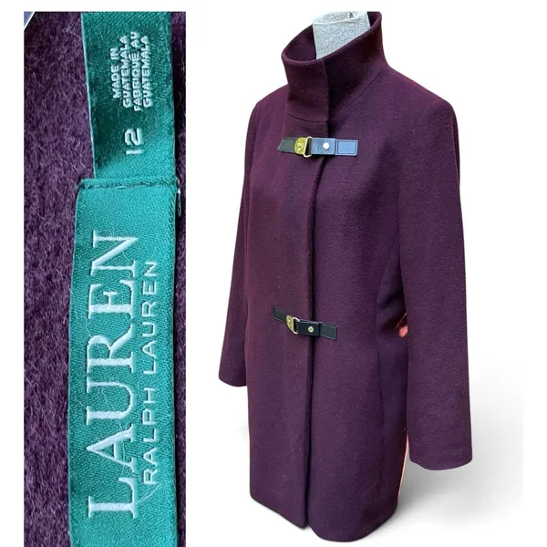 Lauren Ralph Lauren Wool Peacoat Trench Coat Purple Burgundy Size 12 Old Money - Image 2