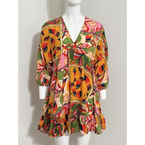 Tropical Patchwork Parrot Mini Dress Boho Resort Farm Rio Style Swim Cover S - Image 2