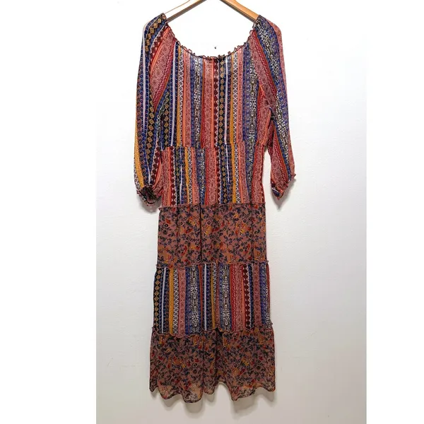 Figueroa & Flower Midi Dress Sz XL Smocked Tiered Floral Striped Boho Peasant - Image 3