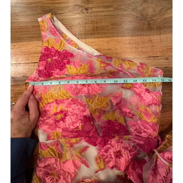 Showpo Brailey Dress One Shoulder Pink Gold Floral Jacquard Wrap Mini US 0 - Image 6
