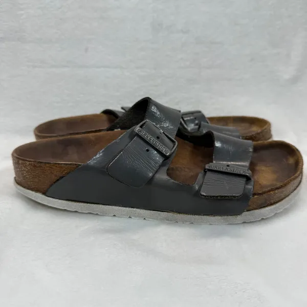Birkenstock Arizona Leather Sandals Gray Two‎ Strap Slides EU 38N US 7 READ - Image 4