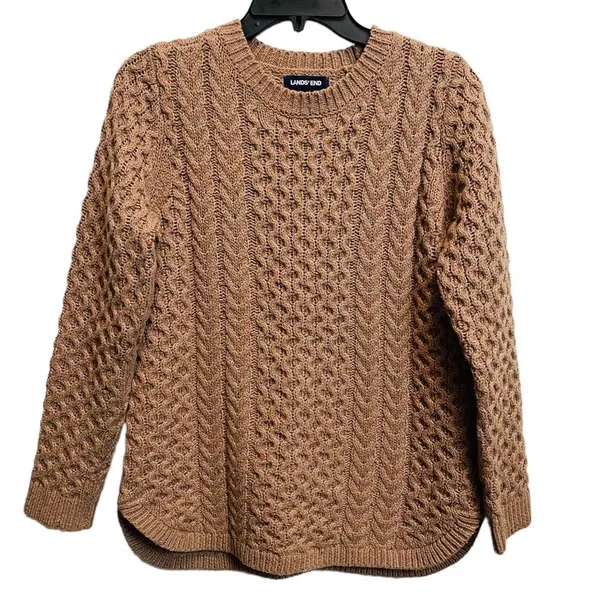 Land's End Chunky Brown Cable Knit‎ Sweater Size XS Crew Neck Boat Hem Pull On - Image 2