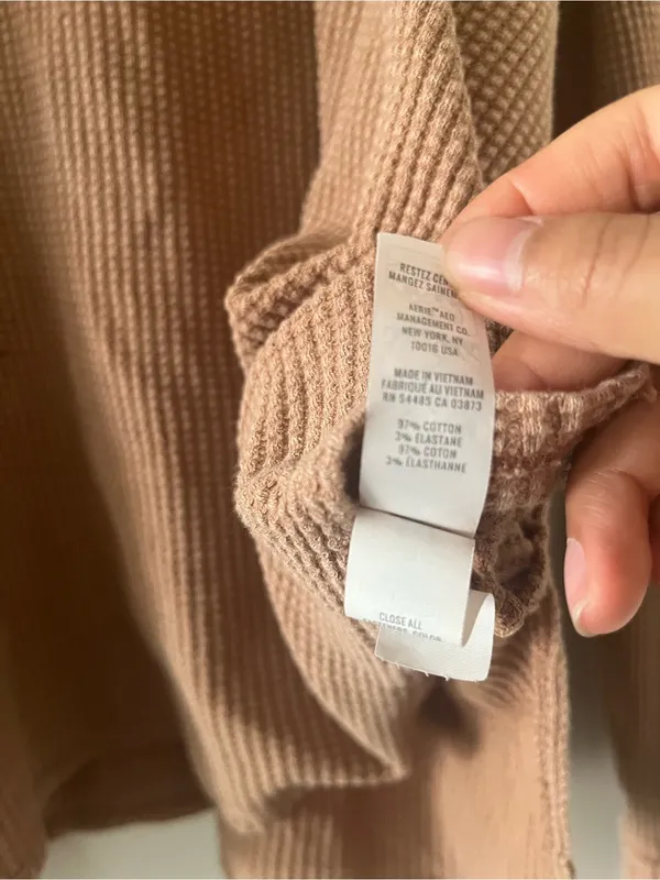Offline by Aerie Waffle Knit Henley Top Medium Tan Oversized Long Sleeve Lounge - Image 5
