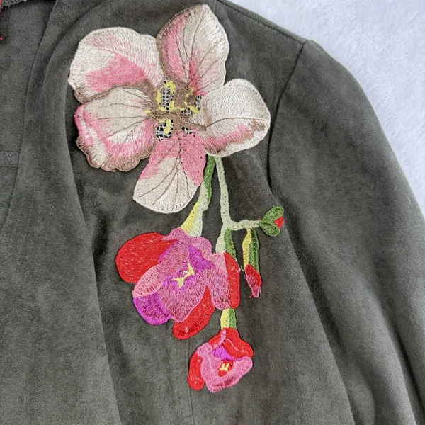 V Christina M Medium Cardigan Jacket Faux Suede Moss Green Floral‎ Embroidered - Image 5