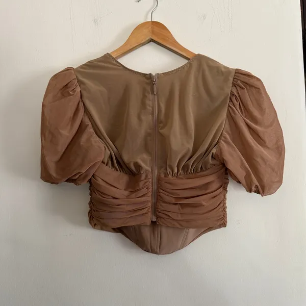 HOUSE OF CB | Norah Light Brown Ruched Puff Sleeve Mesh Corset Top | Medium - Image 5