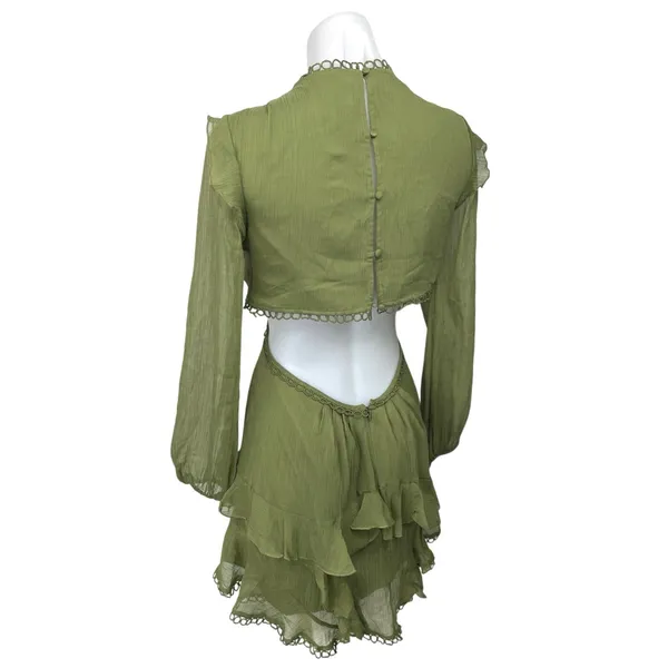 ASOS Design Green V-Neck Cutout Back Long Sleeve Ruffle Mini Fit & Flare Dress 6 - Image 2