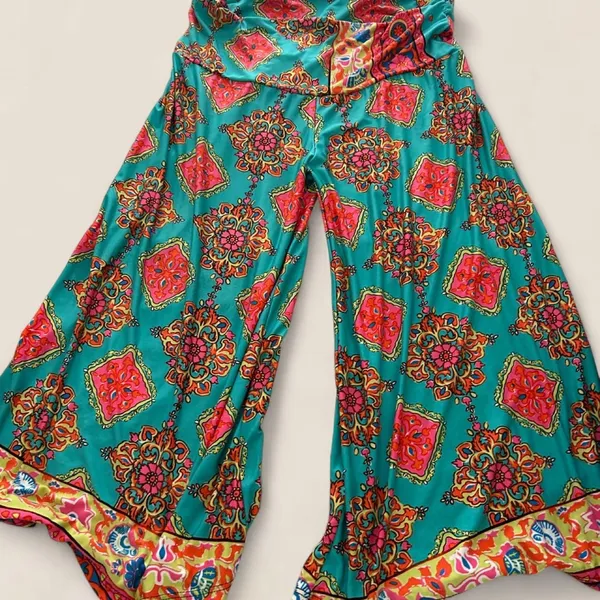 Boho Y2K Psychedelic Paisley Wide Leg Capri Pants flowy relaxed size Large - Image 6