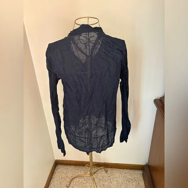 Abercrombie & Fitch Cotton Voile Bow Tie Button Down Top Medium Navy - Image 3