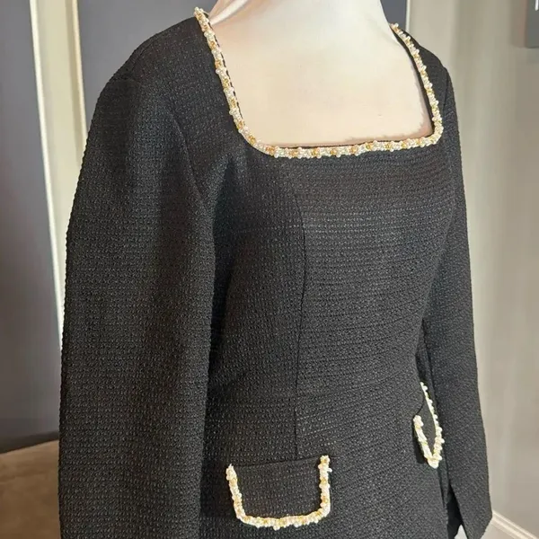 Women’s Short Black Dress Square Neck Faux Pearl-Like Trim **Tag L fits like M - Image 2