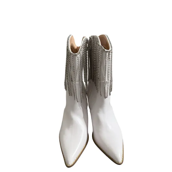 Berness Cow Girl Boots Size 5.5 Pointed Toe Block Heel Rhinestone‎ Fringe - Image 4