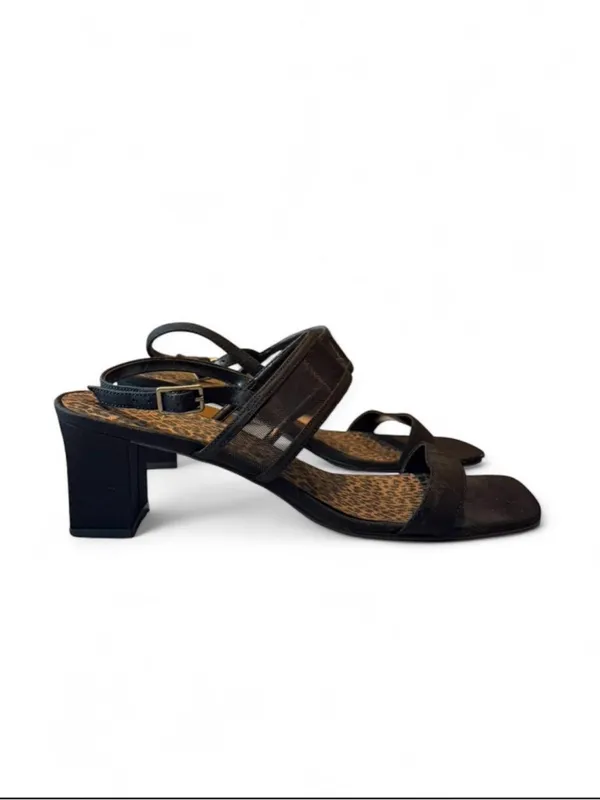 Prima Black Mesh Block Heel Sandals Leopard Print Footbed Size 7M Y2K - Image 4