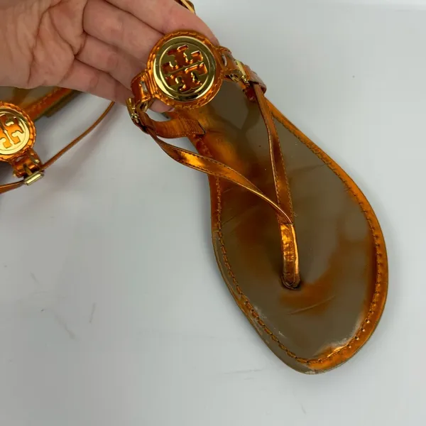 Tory Burch Ali Metallic Orange Sandals Sz 8 Strappy Logo Thong Flats - Image 12