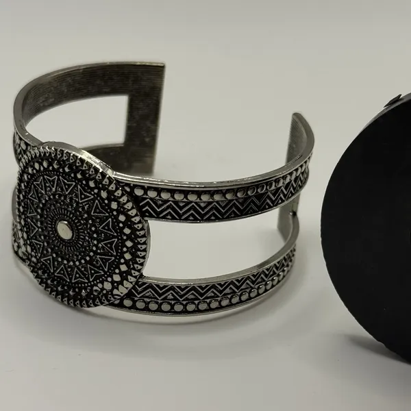 Boho Geometric Wide Cuff‎ Bracelet Adjustable Abstract Silver Tone Hippie Chic - Image 11
