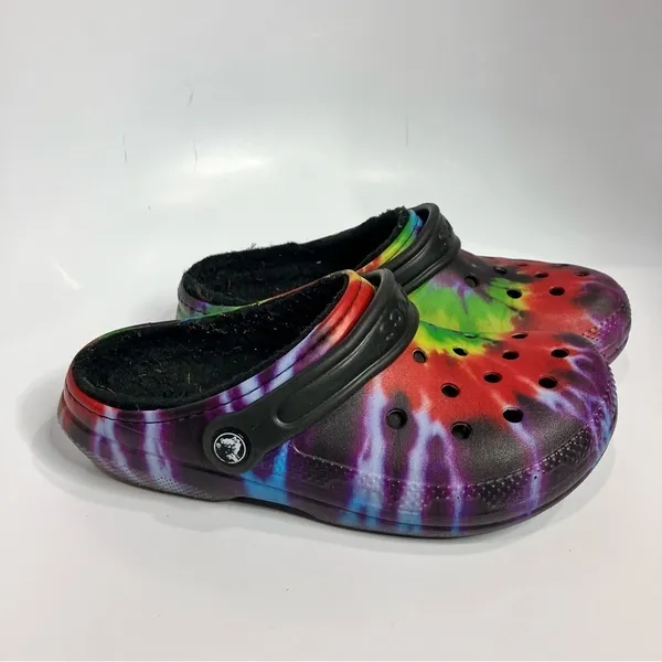 Crocs rainbow tie dye faux fur lined unisex‎ sizing - Image 3
