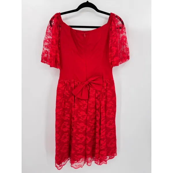 Vintage 80s 90s Red Dress Satin Lace Bow Formal Dance Molly Ringwald Medium Fit - Image 2