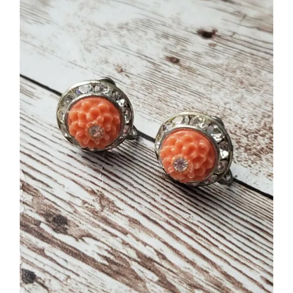 Vintage Screw On Earrings - Orange with Clear Gem 5/8" Retro - Image 2