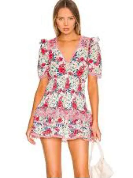 LoveShackFancy Rena Mini Dress Women Medium Red Pink Floral Lace Excellent - Image 3