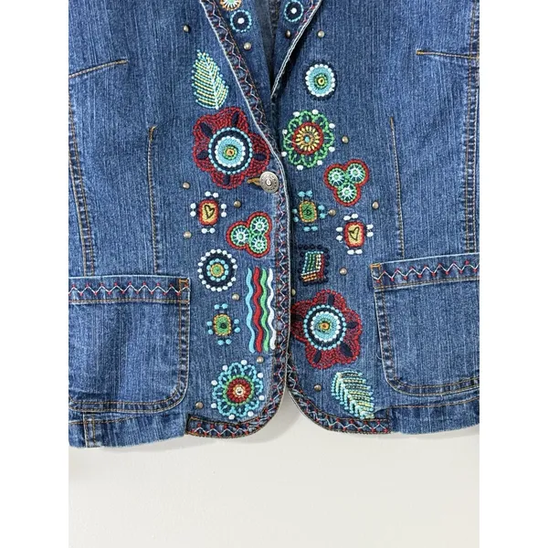 Women’s Aztec Embroidered Denim Jacket Boho Western Floral Pocket Size S - Image 4