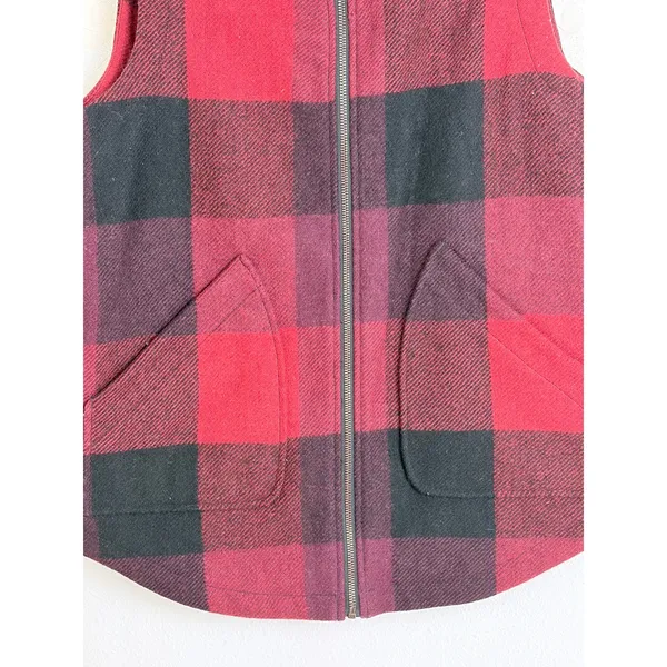 Woolrich Buffalo Plaid Wool Blend Zip Vest Red Black Women's L - Image 6