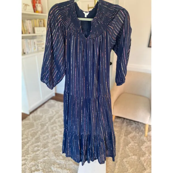 Crown & Ivy Navy Metallic Stripe Maxi Dress Smocked‎ Quiet Luxury Elegant Gala M - Image 2