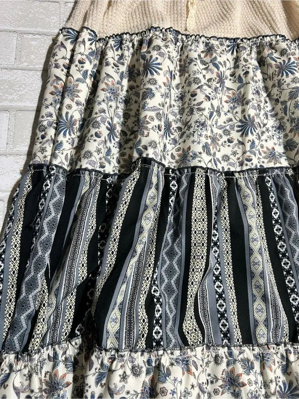 POL Mermaidcore Boho Tiered Maxi Skirt in Cream and Blue Prints Size Large - Image 4