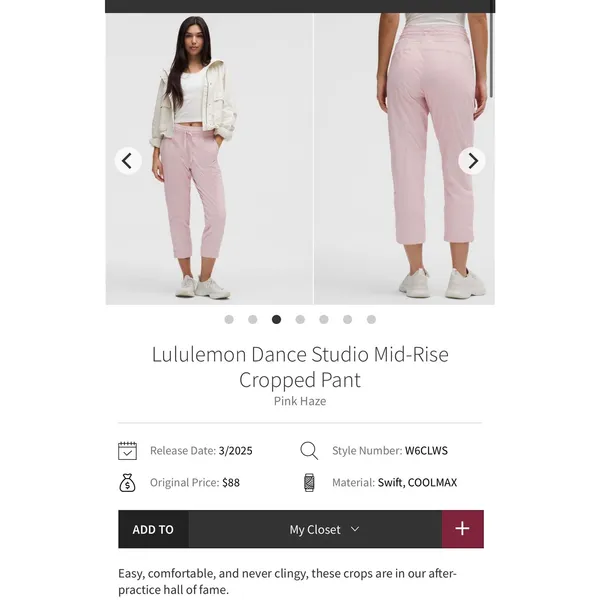 Lululemon Dance Studio Mid-Rise Cropped Pants Pink Haze 4 women - Image 12