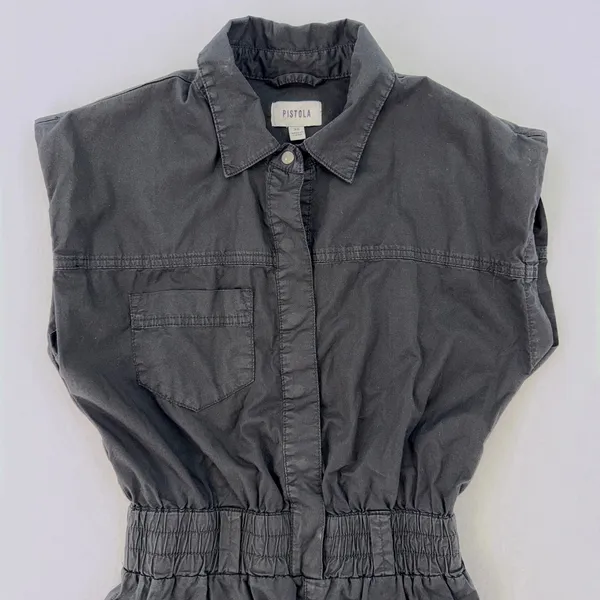 PISTOLA Rosie Black Utility Mini Shirt Dress Snap Front Elastic Waist Size XS - Image 4