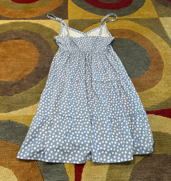 Hollister Stretchy Soft Light Blue Floral Print Spaghetti Strap Ruffle Dress M - Image 4