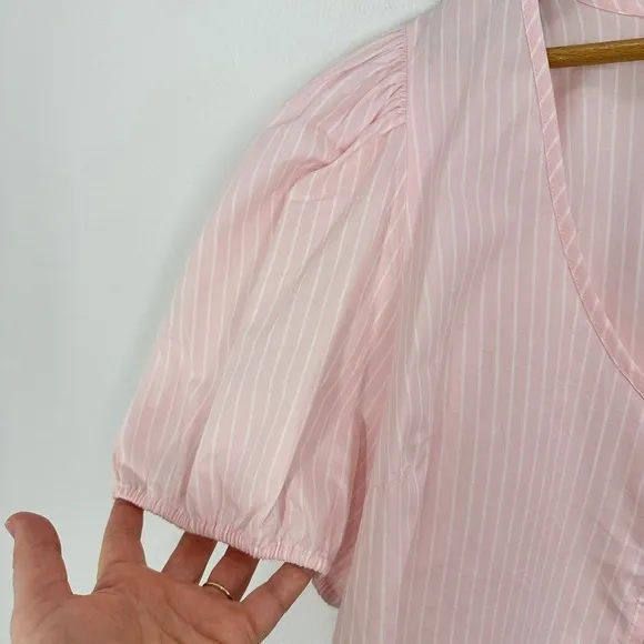 Abound Nordstrom Baby Pink Tie Front Cotton‎ Poplin Crop Top Size XL Puff Sleeve - Image 3